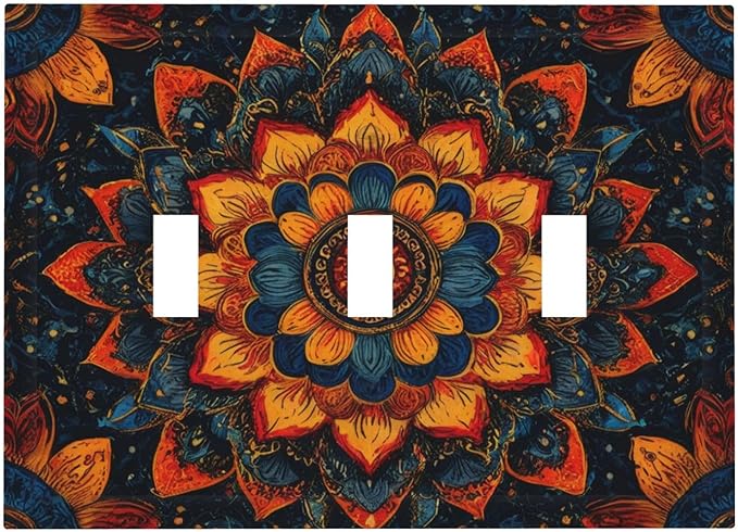 Colorful Oriental Floral Blooming Mandala Flower Triple Toggle Light Switch Covers Decorative 3 Gang Wall Plate Covers 3 Hole Electrical Device Switchplate Dimmer Faceplate for Bathroom Decor