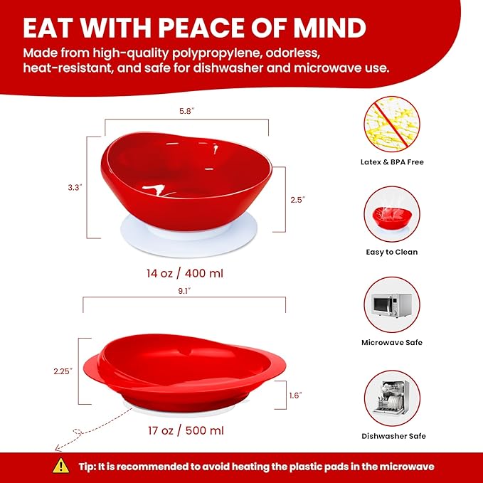 Spill Proof Scoop Plate and Bowl with Non-Skid Suction Base, Adaptive Self-Feeding Dinnerware for Elderly and Disabled(Red)