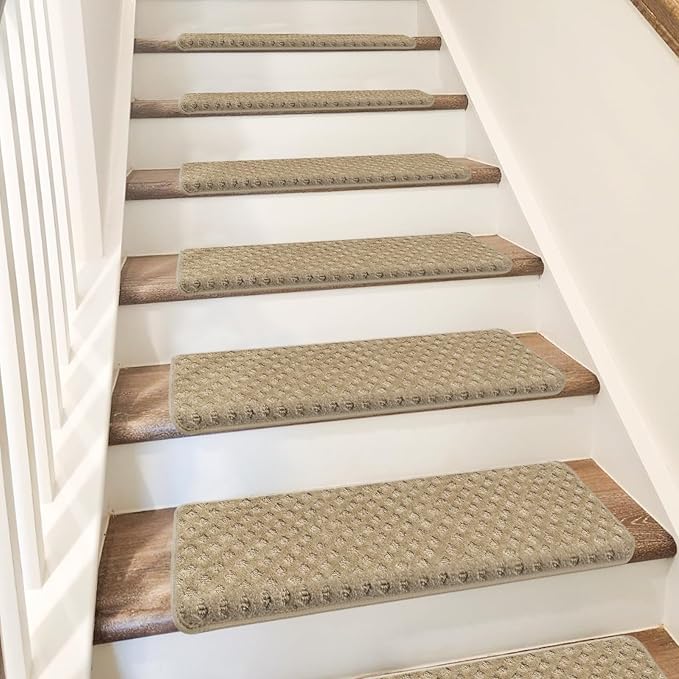 PURE ERA Bullnose Carpet Stair Treads Set Tape Free Non-Slip Indoor Stair Protectors Pet Friendly Rugs 9.5" x 30"(7 Pieces,Khaki Mini-Diamond Trellis)