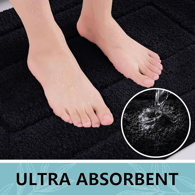 Buganda Bathroom Rugs, 47" x 20", Soft and Absorbent Microfiber Bath Rugs, Non-Slip Shaggy Shower Carpet, Machine Wash Dry Bath Mats for Bathroom Floor, Tub and Shower, Black