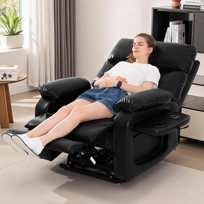 Dual Motor Power Lift Recliner Chair for Adult & Elderly, Infinite Position Lay Flat Lift Chair with Heat & Massage, Cup Holder, Lumbar Pillow, Wireless Charger, USB Ports, Leather (Black)