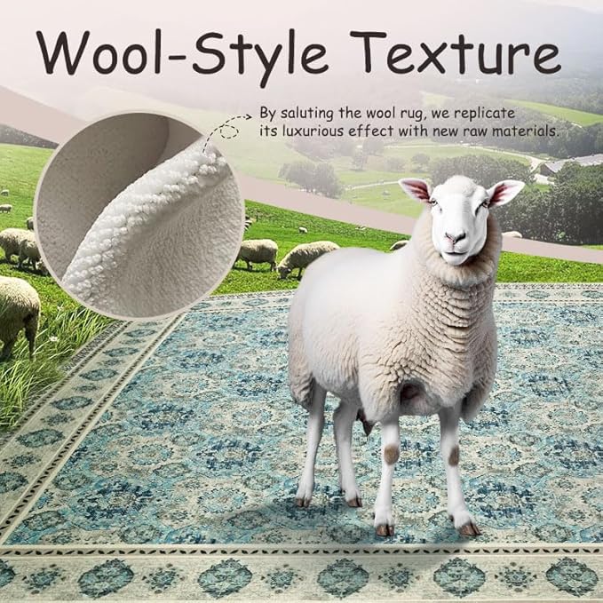 Vintage Washable Area Rug 9x12, Spill-Proof Surface, Non-Slip Backing, Cozy Soft Faux Wool, Printed Rug for Living Room Bedroom Dining Room - Maya