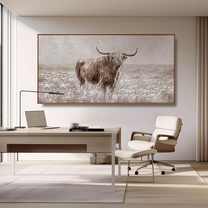 MLART99 Vintage Brown Highland Cow Painting Farmhouse Wall Art with Frame Country Decor Animal Poster for Living Room Bedroom Decor Ready to Hang 24x48