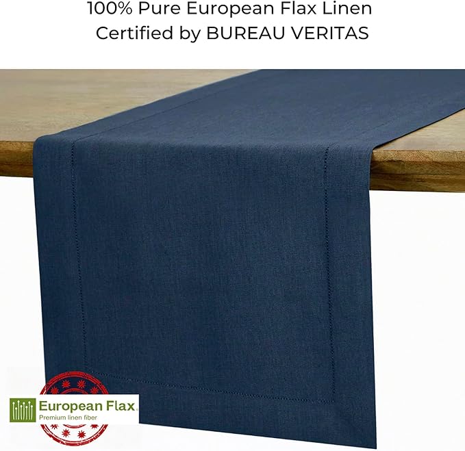 D'Moksha Homes Linen Navy Blue Table Runner 60 Inches - Classic Hemstitch, 100% Pure Linen Coffee Table Runner 14 x 60 Inch Ideal for Dresser Tables - Easter