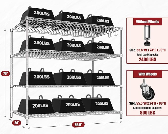 PrimeZone 4 Tier 55.5" Wx24 Dx76 H Wire Shelving with Wheels 2400lbs NSF Certified Storage Shelves Heavy Duty Metal Shelf Adjustable Rolling Rack Commercial Garage Restaurant Warehouse Kitchen Chrome