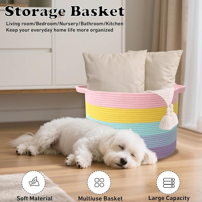 Large Storage Basket with Handle,19.7" L x 19.7" W x 13" H Blanket Basket Storage Bins for Organizing,65L Cotton Rope Woven Baskets for Living Room, Nursery ,Bedroom,Colorful