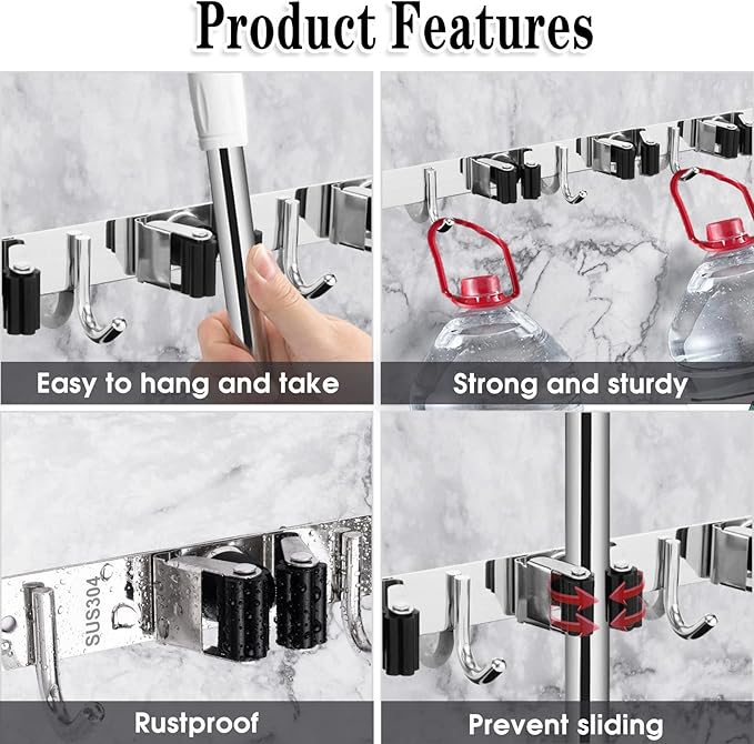 2 Pack 3 Racks and 4 Hooks Broom and Mop Holder Wall Mounted Garage Organizer Storage Tool Racks Stainless Steel Heavy Duty Hooks Self Adhesive Solid Non-slip Wall Hangers for Home Kitchen Garden