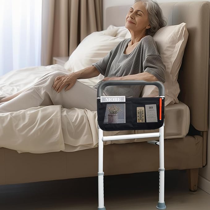 AOHHL Bed Rails for Elderly Adults Safety with Adjustable Heights Storage Pocket Assist Support Side Railings for Seniors Citizens Slides Under Mattressbed Cane Bed Handles Bars (Light Grey)