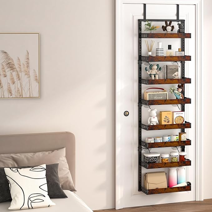 bukfen Over the Door Pantry Organizer, 8-Tier Adjustable Wooden Basket Kitchen Pantry Door Organization and Storage,2 in 1 Wall Mount or Hanging Heavy-Duty Metal Hanging Kitchen Spice Rack,1 Pack
