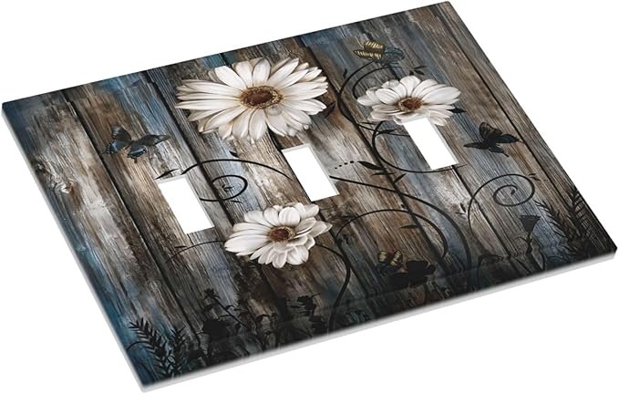 Rustic Wood Background Floral Butterfly Daisy Decorative Switch Plates 3 Gang Wall Plate Triple Toggle Light Switch Cover Faceplate Electrical Wall Panels for Farmhouse Bedroom Decor
