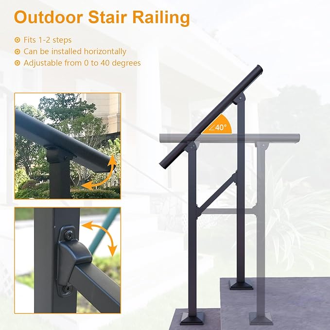 DIYHD 10 Step Handrail for Outdoor,Powder Coated Iron Stair Railing,Black Hand Rails for Indoor, Porch,Deck,2 Pack