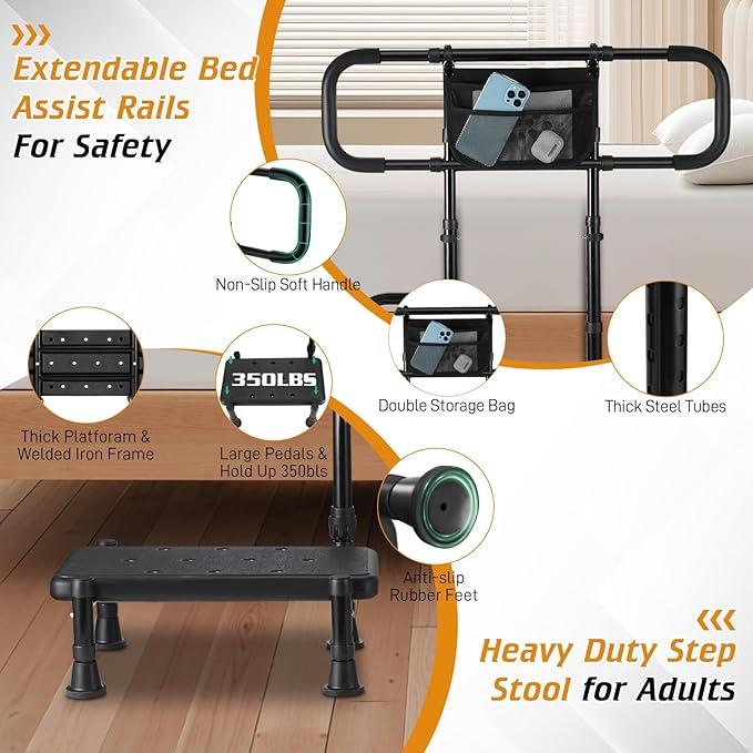 Bed Rails for Elderly Adults Safety, Step Stool with Handle for Ederly - Extended Bed Assist Rail for Seniors with Storage Bag - Adjustable Bed Side Rails Foot Stool, Fits Twin Full Queen King