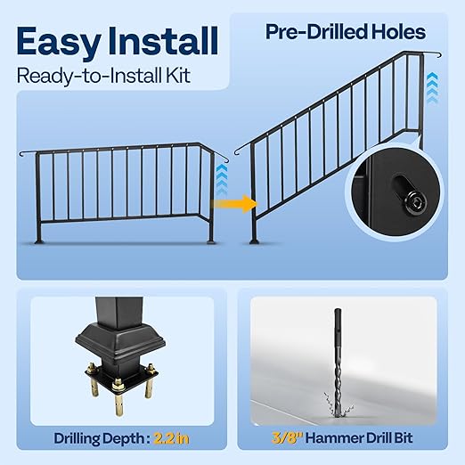VIVOHOME 2-Pack 6 Step Galvanized Steel Hand Rails for Outdoor Steps – Curved Ends and Safety Balusters Exterior Railing for Porch, Deck, or Indoor Stairs, Complete Installation Kit