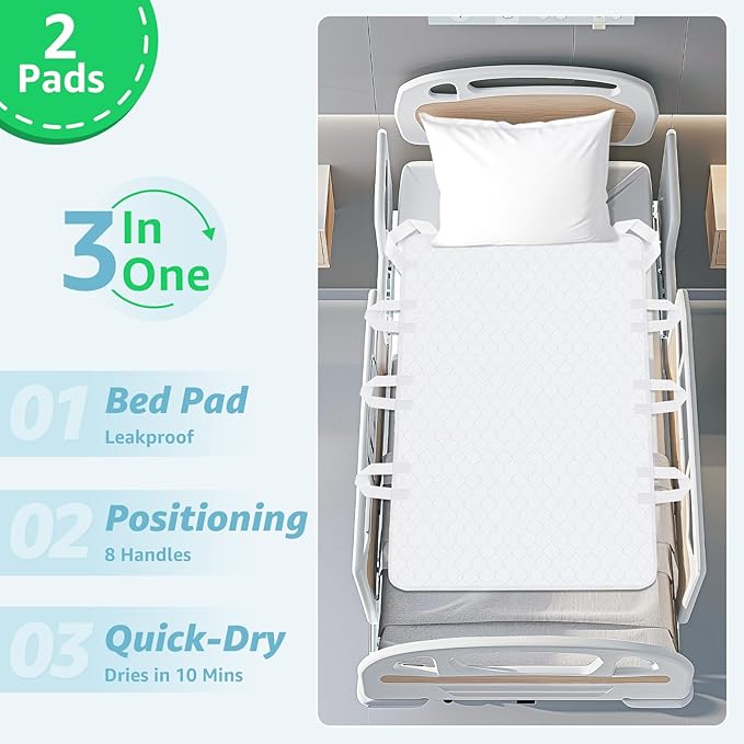 Washable Bed Pad for Incontinence: Waterproof Bed Pads with 8 Handles,2 Packs Reusable Bed Underpads, Waterproof Positioning Bed Pads for Elderly, Adult,Bedwet, Kids,Bedridden,Hospitals, 34"x52"