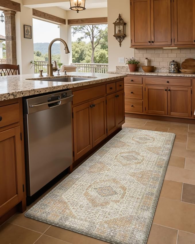 DEXI Kitchen Floor Mats Anti Fatigue, 17x59 Cushioned Vintage Runner Rug Waterproof, Standing Comfort Memory Foam Padded for Front Sink Laundry Office, Beige and Light Orange