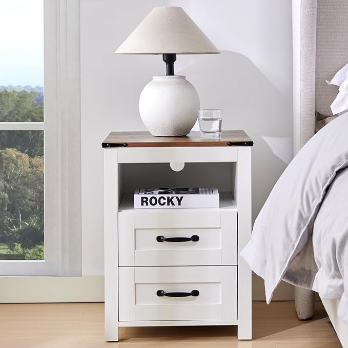 White Rustic Night Stand, Farmhouse End Table, Modern Bedside Table with 2 Storage Drawers and Open Shelf, Tall Nightstand for Bedroom