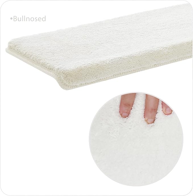 PURE ERA Carpet Stair Treads Ultra Plush 9.5" X 30"Soft Bullnose Indoor Stair Protectors Pet-Friendly Non-Slip Skid Resistant Tape Free Washable Reusable(14 Pieces,White)