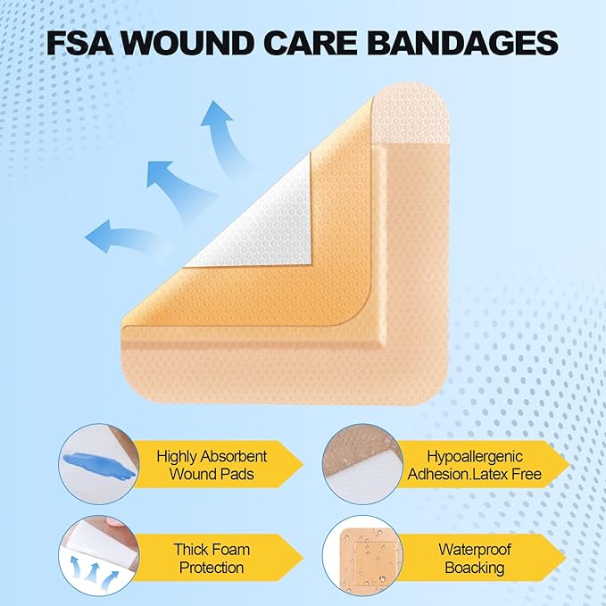 10 Pcs Silicone Foam Dressing 6x6 inch - Large Bandages for Wounds, Absorbent Silicone Bandages for Wounds, Waterproof Bed Sore Bandages Wound Dressing,HSA FSA Eligible