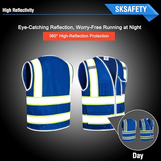 SKSAFETY 10 Pockets Safety Vest, Class 2 High Visibility Security with Zipper, Hi Vis Vest with Reflective Strips, ANSI/ISEA Standard, Construction Work Vest for Men ＆ Women （Blue, 4XL）
