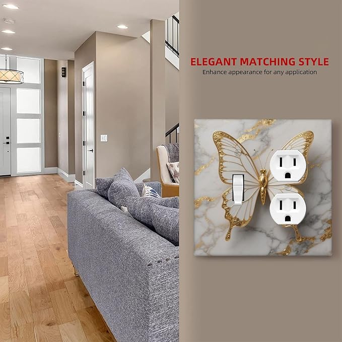 Gold Marble Shine Butterfly Abstract Modern Print Wallplates 1 Toggle 1 Duplex Switch Plate Electrical GFCI Faceplate Decorative Light Switch Covers for Bed Room Bathroom Decor