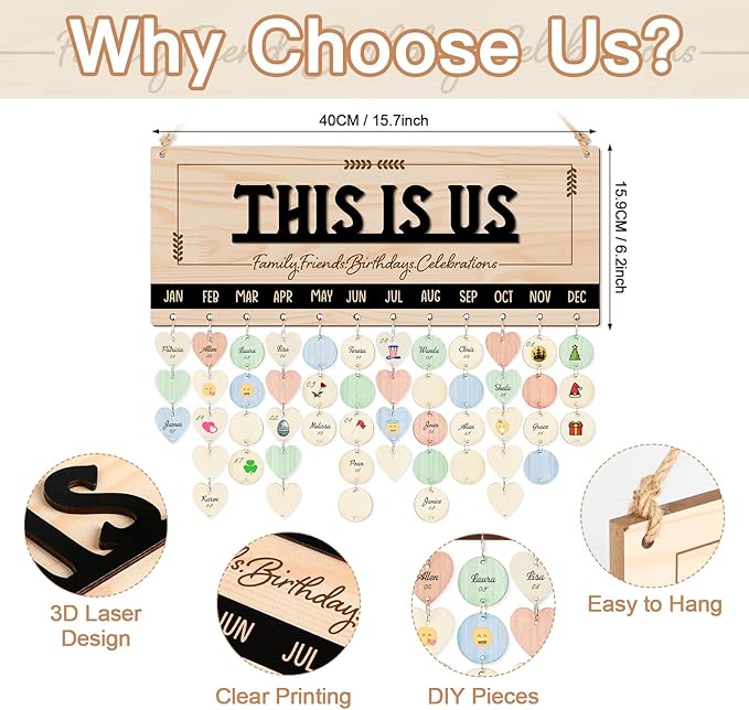 CHDITB Wooden 3D This is Us Birthday Calendar Wall Hanging(16"x6"), Rustic Family Friends Birthday Celebrations Reminder Tracker with Tags, Custom DIY Mother Gifts for Grandma