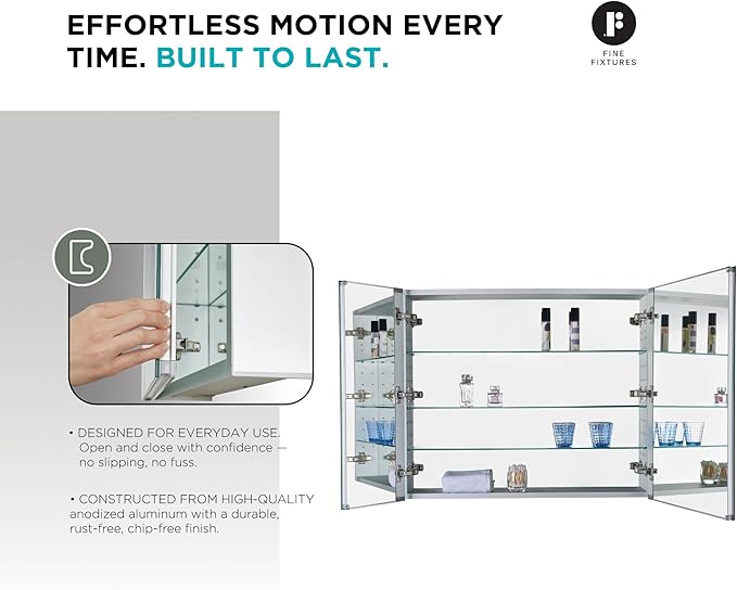 Fine Fixtures Bathroom Medicine Cabinet, Aluminum, Recessed/Surface Mount, 36" x 30", Right/Left Hinged, Mirrored Interior