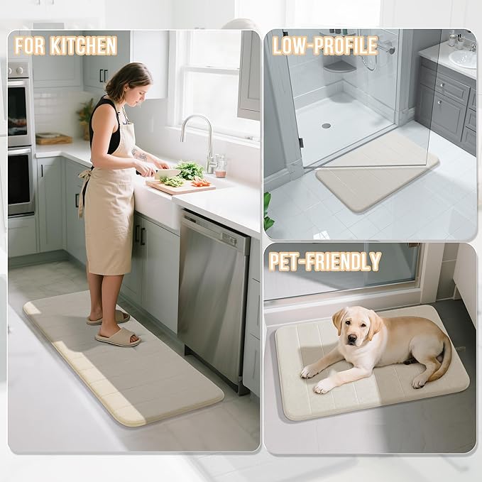 Yimobra U-Shaped Toilet Bath Mat Set 2 Piece - Soft Absorbent Quick Dry Memory Foam Bathroom Rugs, Machine Washable Non Slip Floor Carpet for Tub Shower & Single Sink (17x24 & 24x20, Cream White)