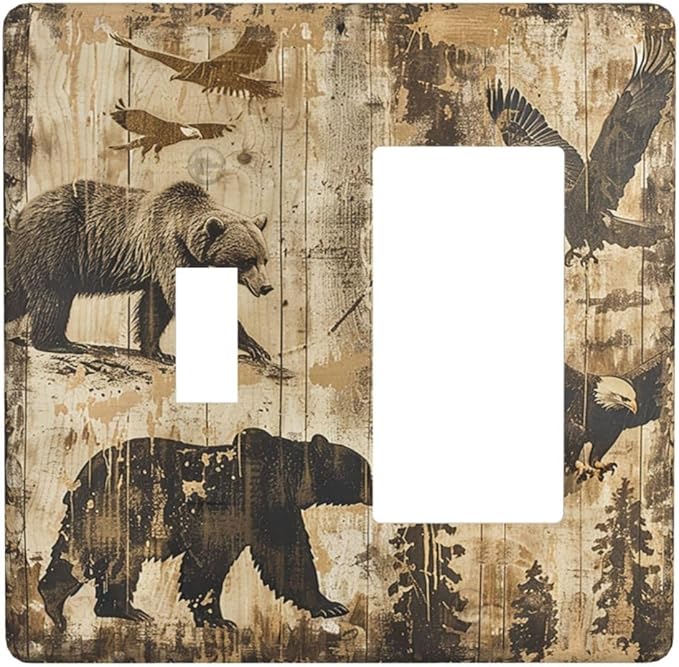 Outlet Covers Vintage Cabin Wildlife Animal Bear Eagle Forest 1 Toggle 1 Rocker Combination Decorative Wall Plate Electrical Switch Plates Light Switch Cover Plate for Farmhouse Bedroom Decor