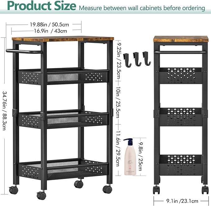 Utility Slim Storage Cart with Wheels, 4-Tier Narrow Rolling Organizer Shelf with Wood Top, Metal Storage Rack and Space-Saving Organizer for Bathroom, Kitchen, Laundry Room, Small Spaces