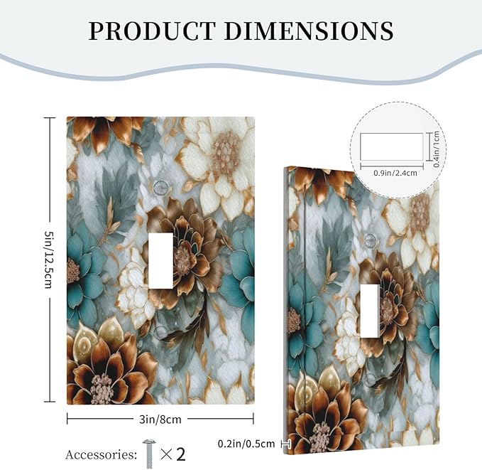 Vintage Marble Floral Gold/Green/White Metal Flowers Single Toggle Light Switch Covers Decorative 1 Gang Wall Plate Electrical Device Switchplate Dimmer Faceplate for Bathroom Decor