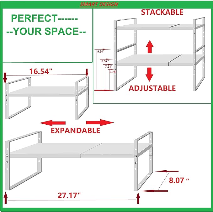Expandable Stackable Spice Rack Cabinet Shelf Organizer in Cabinets Shelves Kitchen Cupboard Organization Stack up Racks Pantry Countertop Storage Medium/White 3 Packs