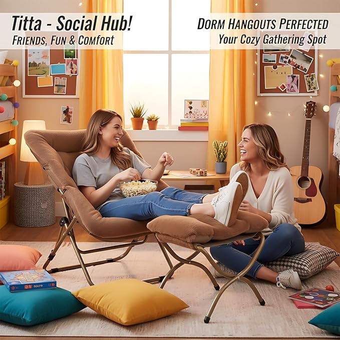 Tiita FoldedChair with Ottoman, Soft Faux Fur Oversized Folding Accent Chair,Lounge Lazy Chair, Metal Frame Moon Chair for Bedroom, Living Room, Dorm Rooms, Garden and Courtyard