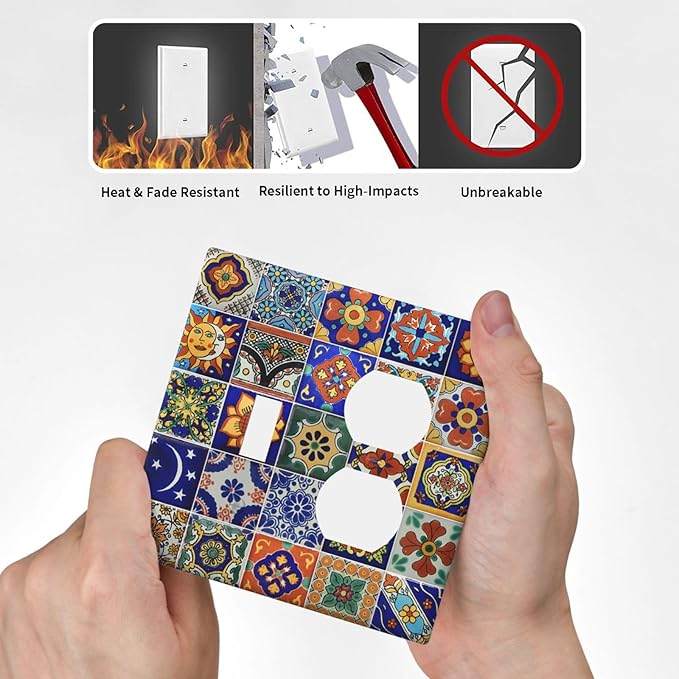 Wallplates Mid Century Talavera Shaped Tiles 1 Toggle 1 Duplex Switch Plate Electrical GFCI Faceplate Decorative Light Switch Covers for Bedroom Bathroom Decor