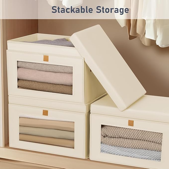 DIMJ Storage Bins with Lids - 5 Pack Large Fabric Closet Organizer with Window & Handles, Collapsible Decorative Storage Boxes for Shelves Under Bed, Books Clothes Blankets Sweaters Organization