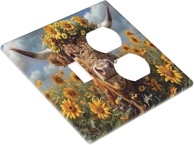 Wallplates Vintage Sunflower Highland Cow Rustic Art 1 Toggle 1 Duplex Switch Plate Electrical GFCI Faceplate Decorative Light Switch Covers for Bedroom Farmhouse Decor