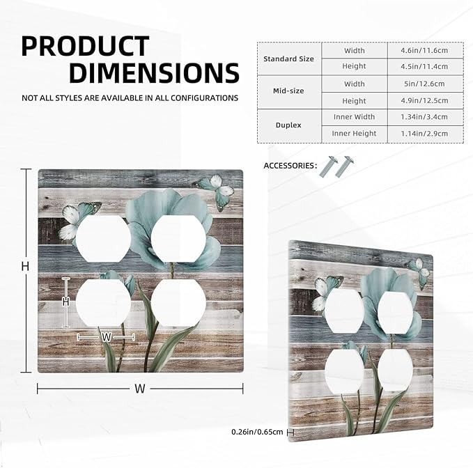 Teal Flora Flowers and Butterfly Wooden Style Outlet Covers 2-Gang Duplex Light Switch Cover Plate Decorative Gfci Wall Plate Electrical Receptacle Switchplate Plug Faceplate for Bedroom Decor