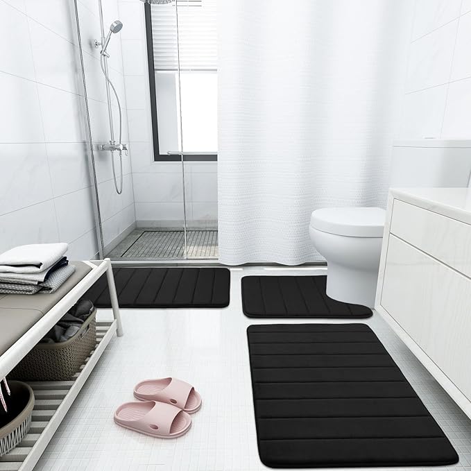 Buganda Memory Foam Bath Mat, 47" x 24", Ultra Soft and Non-Slip Bathroom Rugs, Water Absorbent and Machine Washable Bath Rug Runner for Bathroom, Shower, and Tub, Black