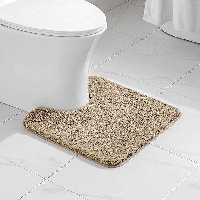 MIULEE Microfiber Toilet Bath Mat U-Shaped Contour Shaggy Bathroom Rugs Non Slip Extra Thick Soft Bath Rug Absorbent Water for Bathroom Commode Machine Washable(24x24 Inch, Tan)