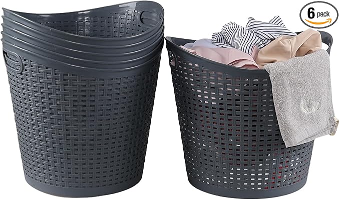 6-pack 30 Liter Large Storage Baskets, Plastic Laundry Hamper Basket