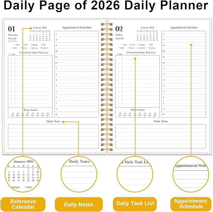 Daily Planner 2026 - Full Page Per Day, Jan 2026 to Dec 2026, 2026 Daily Planner with Spiral Bound, Inner Pocket, Perfect for School Office Supplies, 7'' x 10'', Green Gold Leaf