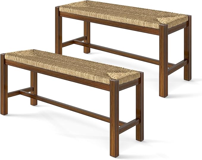 GOFLAME 40” Dining Bench Set of 2, Farmhouse Boho Entryway Bench with Woven Seagrass Seat, End of Bed Bench with Rubber Wood Frame, Accent Indoor Bench for Bedroom, Dining Room, Living Room, Hallway