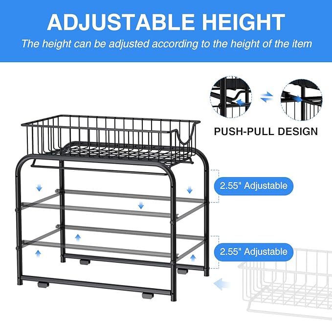 AIYAKA Pull-out Cabinet Organizer, Stackable 2-tier Under Sink Rack, with Sliding Storage Drawer for Pantry, and Desktop, for Bathroom, Kitchen, Office, Black