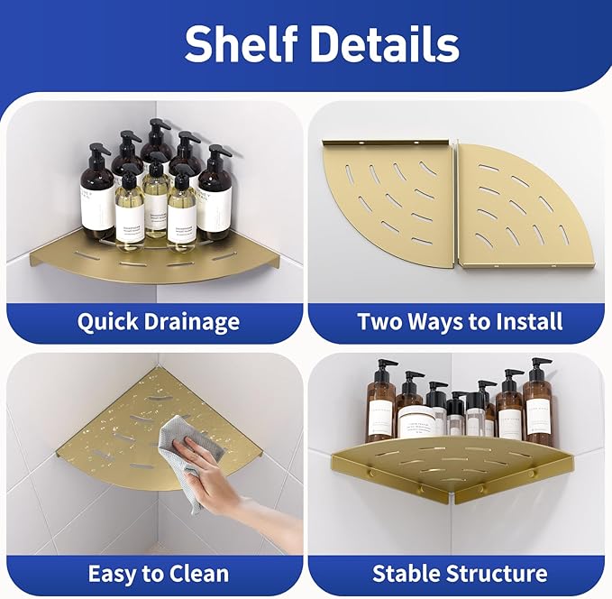 Corner Shower Shelves Load Capacity 40 Lbs 304 Stainless Steel Shelf for Shower Will Not Rust 8in Shower Corner Shelf Brushed Gold Drilling Installation