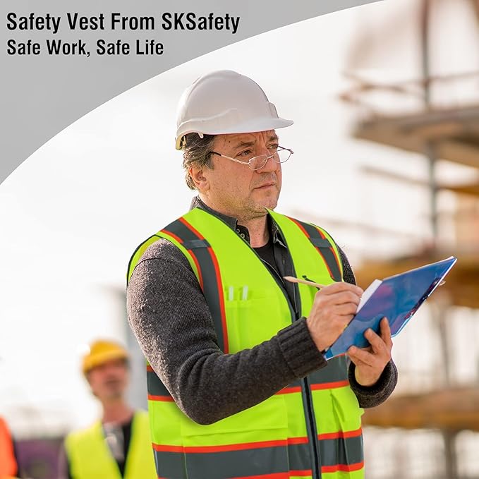 SKSAFETY 10 Pockets Safety Vest, Class 2 High Visibility Security with Zipper, Hi Vis Vest with Reflective Strips, ANSI/ISEA Standard, Construction Work Vest for Men ＆ Women （Lime, 4XL）