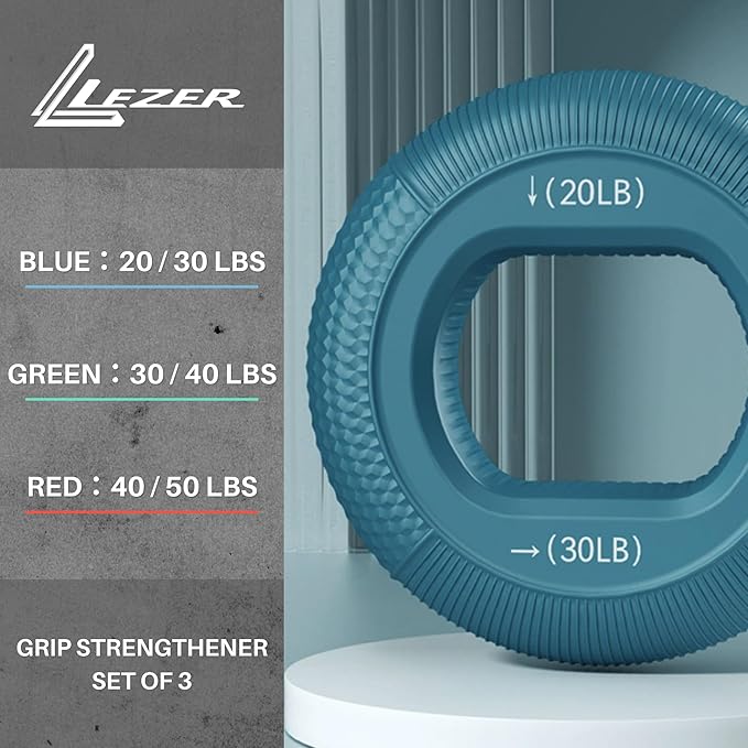 LEZER Hand Grip Strengthener, Finger Exerciser, Forearm Ring, Silicone Squeezer, Muscle Training, Fitness Workout, Physical Therapy, Set of 3, 20-60 LBS