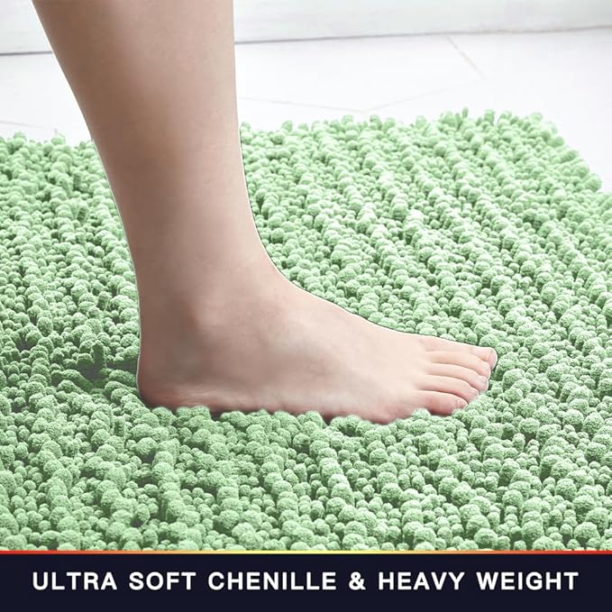 Walensee Bathroom Rug Non Slip Bath Mat (24x17 Inch Sage Green) Water Absorbent Super Soft Shaggy Chenille Machine Washable Dry Extra Thick Perfect Absorbant Best Small Plush Carpet for Shower Floor