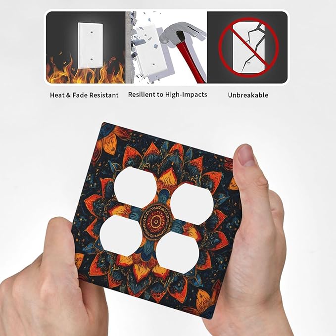 Colorful Oriental Floral Blooming Mandala Flower Outlet Covers 2-Gang Duplex Light Switch Covers Decorative Gfci Wall Plate Covers Electrical Receptacle Switchplate Plug Faceplate Bathroom