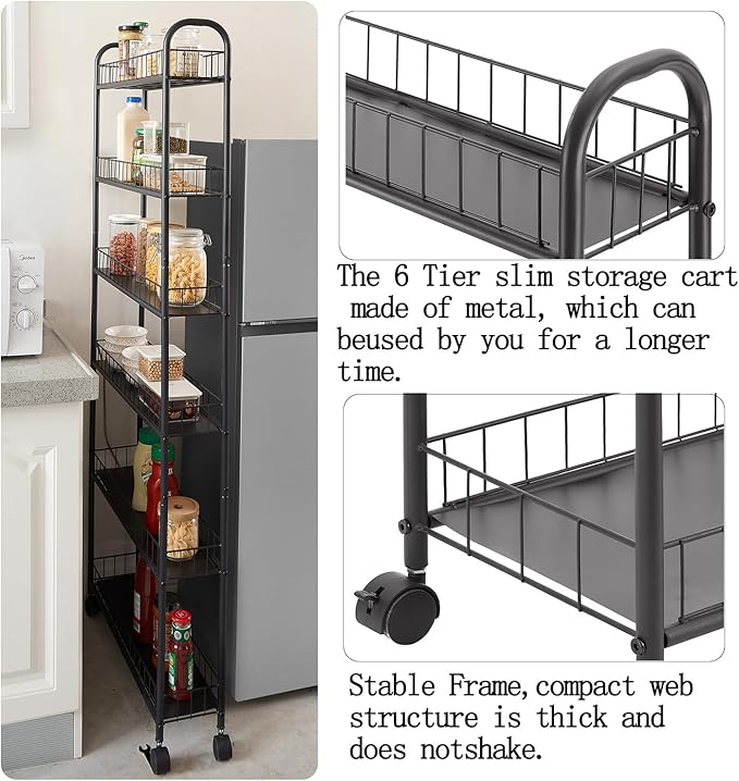 6 Tier 6in Slim Rolling Cart with Handle, White Mobile Shelving Unit with Wheels, Metal Wire Storage Rack with Baskets for Kitchen Bathroom Office Laundry Narrow Piaces
