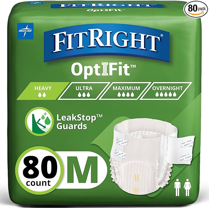 FitRight Adult Diapers, Extra+ Heavy Absorbency, M (Waist Size 32in-44in), 80 Count, OptiFit Incontinence Briefs for Men and Women, Disposable, Moisture-Wicking, Leak Protection,