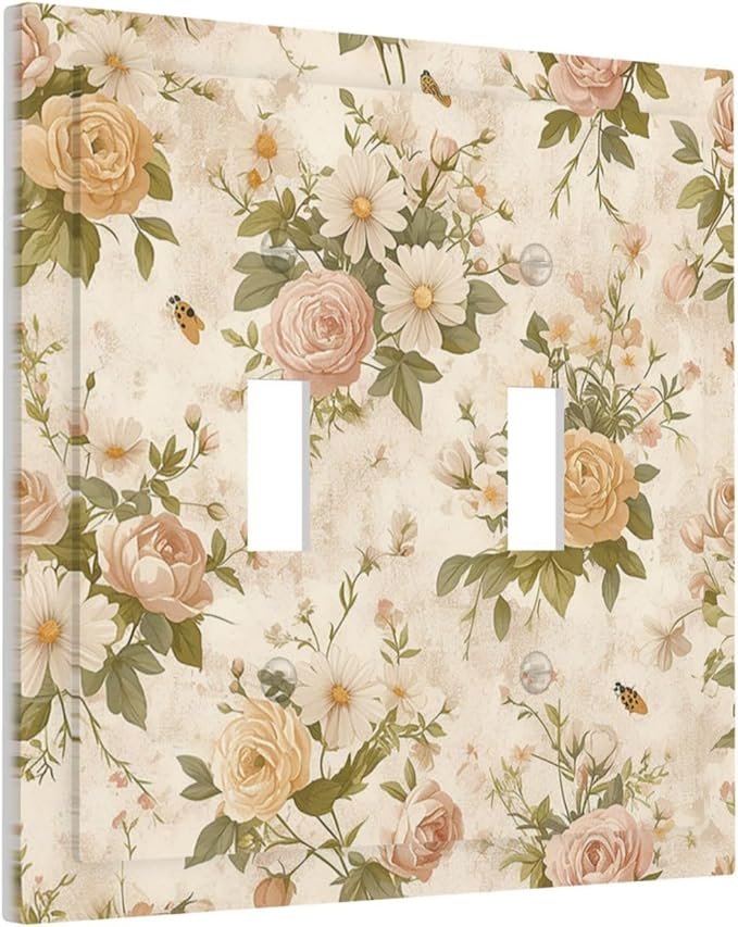 Decorative Switch Plates Boho Vintage Roses Pink Red Yellow Bouquet Floral 2 Gang Double Toggle Outlet Light Switch Cover Wall Plate Electrical Faceplate for Bedroom living Room Decor